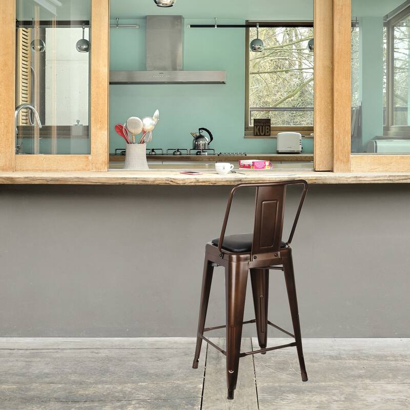 24" High Back Metal Stool with Leather Cushion-Set of 2