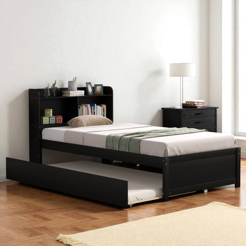 Twin/Full Bed Frame with Pull-Out Trundle and Bookcase Headboard, No Box Spring Needed