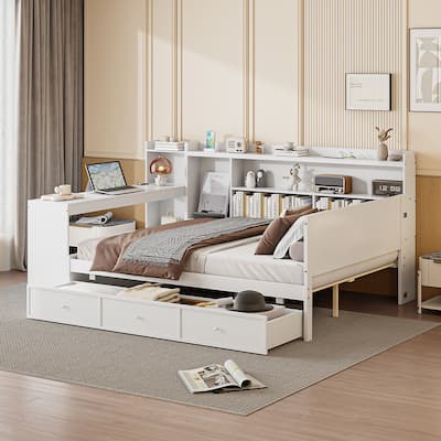 Full Size Daybed with 3 Storage Drawers & Shelves Headboard, Wooden Sofa Bed Frame with USB Ports and Desk, No Box Spring Needed