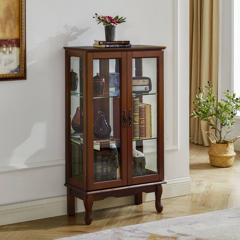Lighted Curio Display Cabinet with Adjustable Shelves and Mirrored Back Panel