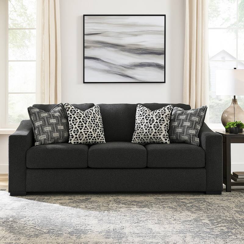 Wryen Sofa, Onyx Black Polyester, 4 Accent Throw Pillows, 93 Inch