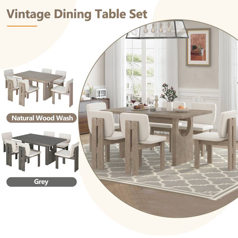7-Piece Wood Kitchen Dining Table Set, Unique Chair Legs, 1 Rectangular Table with Designed Trestle Base & 6 Upholstered Chairs