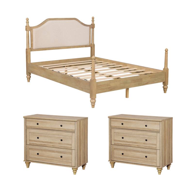 WAMPAT Wood Platform Bed Frame with Upholstered Headboard, Oak