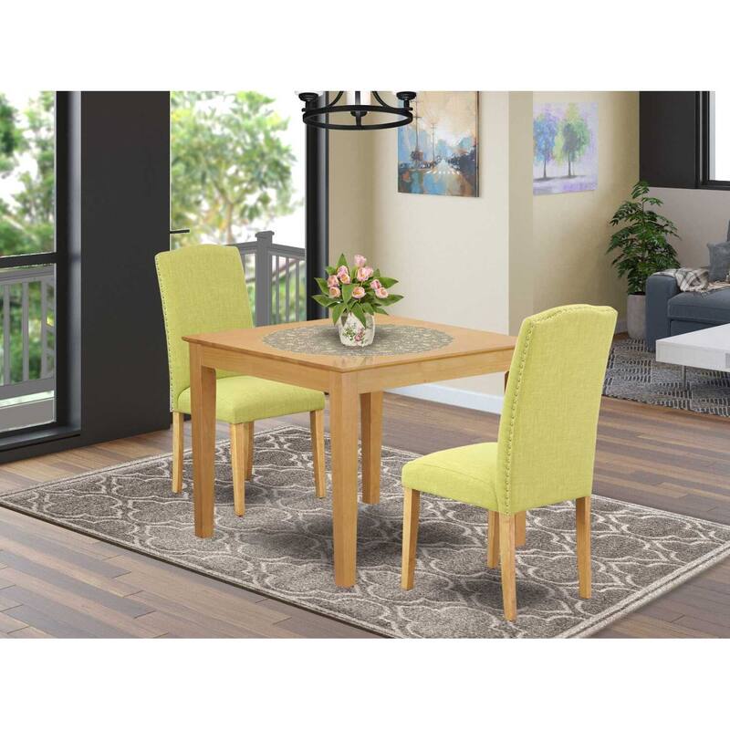 Rustic Dining Set 3Pc Square Table & 2 Parson Chairs - Oak Legs, Linen Fabric - HomeStock