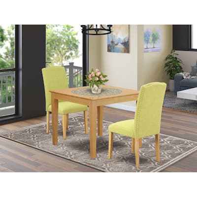 Rustic Dining Set 3Pc Square Table & 2 Parson Chairs - Oak Legs, Linen Fabric - HomeStock