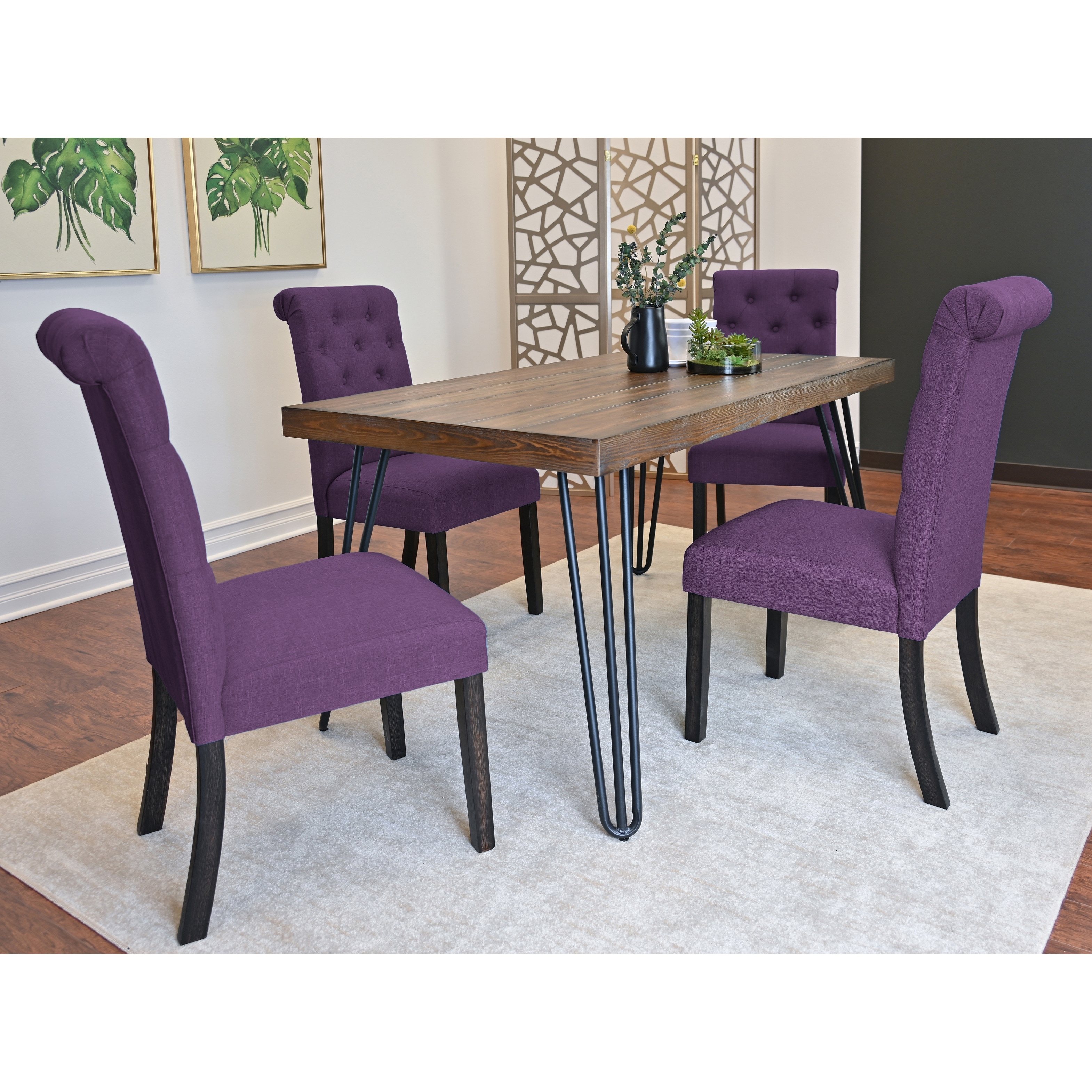 Hairpin Dining Table and 4 White Cushioned Chairs