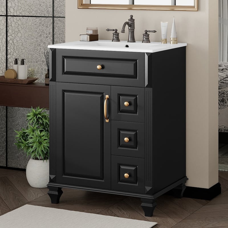 24" Freestanding Bathroom Vanity with Ceramic Sink, Flip-Out Drawer & 3-Drawer Cabinet, Solid Wood & MDF - Black