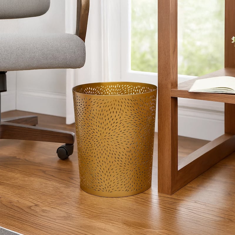 10" Decorative Iron Wastebasket Trash Can Matte Gold Leaf Etched Design