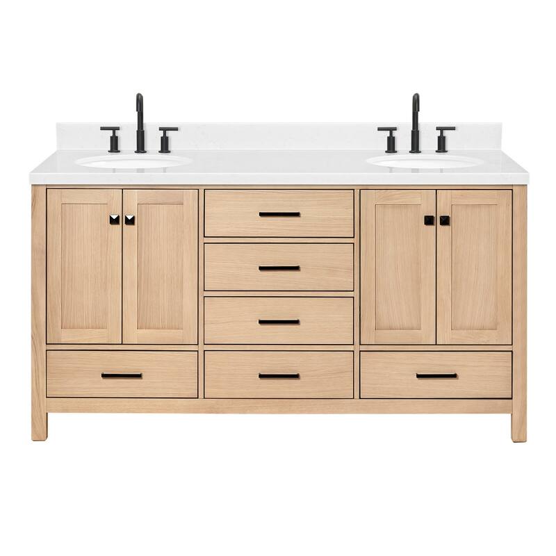Ariel A066DCQOVO Cambridge 67" Free Standing Double Basin Vanity Set - Oak / Carrara White Quartz Top / Matte Black