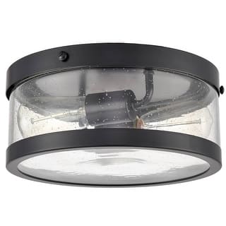 Bendor Farmhouse Black Metal with Seeded Glass Drum Flush Mount Ceiling Light 2-Light
