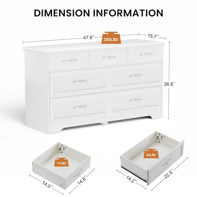 Modern Drawer Dresser Clothes Organizer with 7 Drawers Metal Handle Anti-Tip Device, for Living Room Bedroom Hallway, White