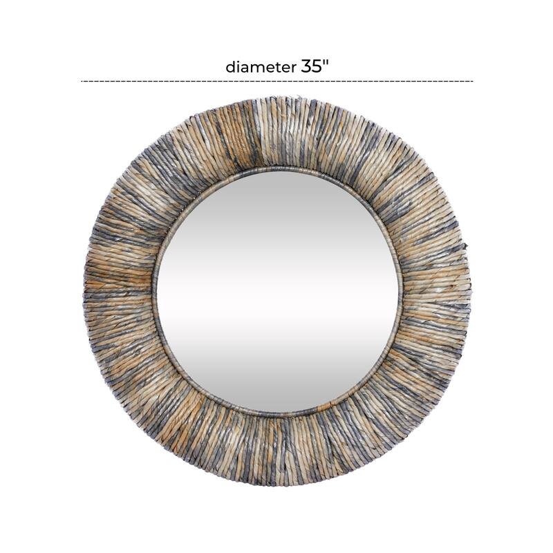 Gray Banana Leaf Room Wall Mirror with Coiled Frame and Blue Accents - 35 x 3 x 35 Round
