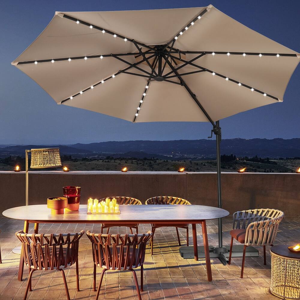 Autlaycil 10FT Cantilever Patio Umbrella with Solar Lights Included Base 360 Rotation Large Offset Hanging Outdoor Shade