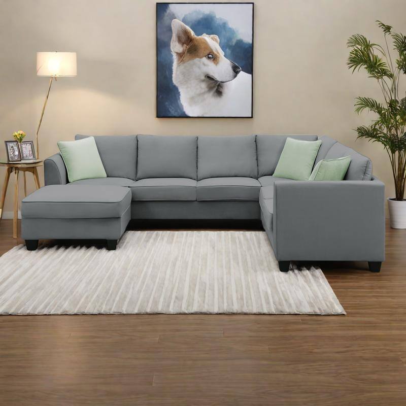 112" Fabric 7-Piece Modular Sectional Sofa with Ottoman and 3 Pillows - Grey