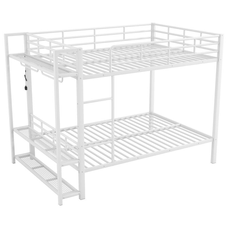 Full Over Full Size Bunk Bed with Storage Mesh Shelves and Clothes Hooks, LED Light - Metal Bed Frame with Metal Slat Support