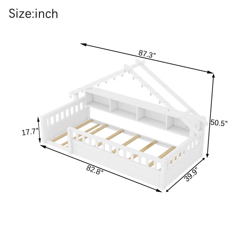 House-shaped Daybed Kids Wood House Bed Montessori Toddler Floor Bed with Roof Shape Storage Bookshelves and Light