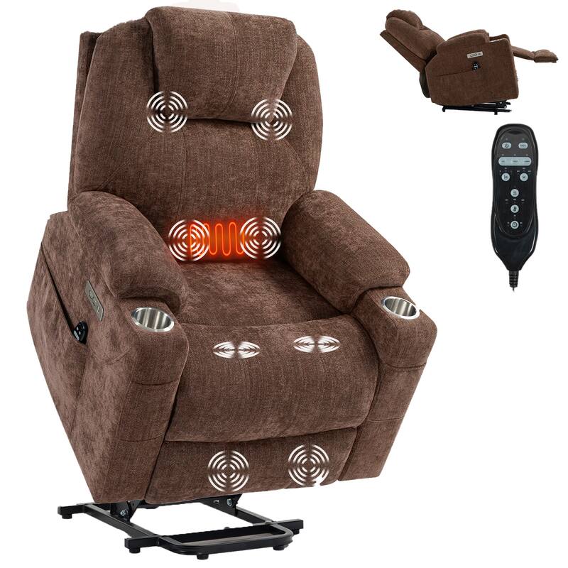 Lazy Boy Large Chenille Power Lift Recliner Chair with Massage and Lumbar Heating, USB and Type-C Ports & Cup Holders