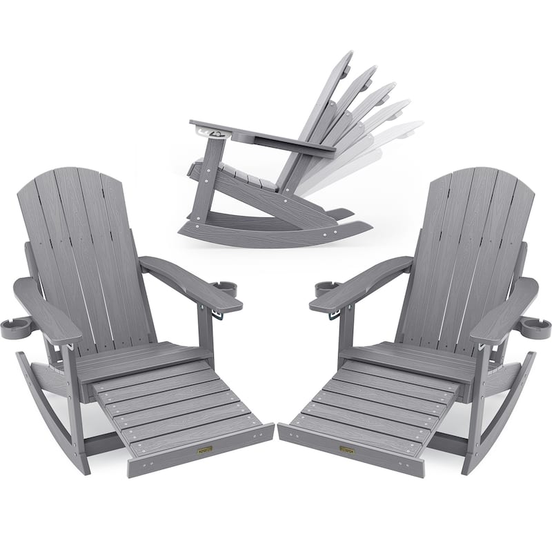 WINSOON HIPS Outdoor Rocking Chair with Adjustable Backrest and Retractable Ottoman-Set of 2 - Grey
