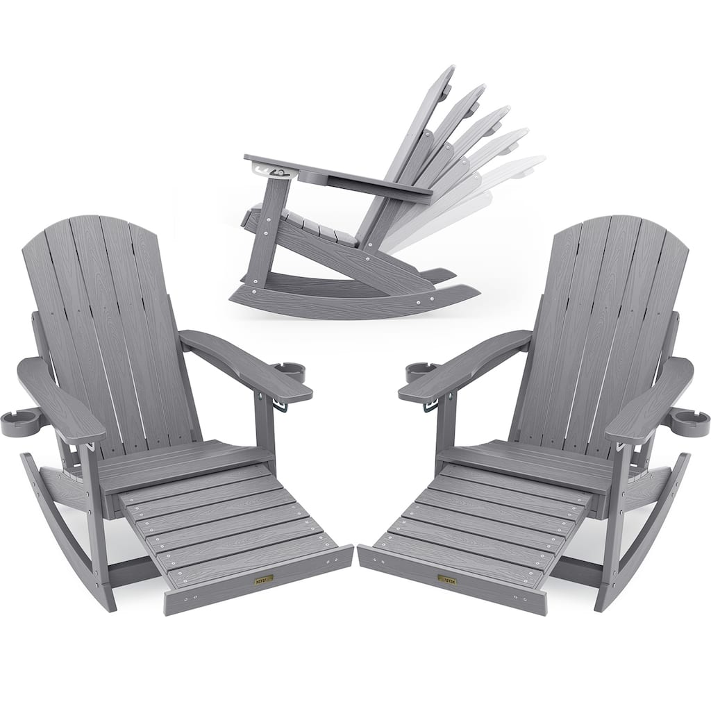 WINSOON HIPS Outdoor Rocking Chair with Adjustable Backrest and Retractable Ottoman-Set of 2