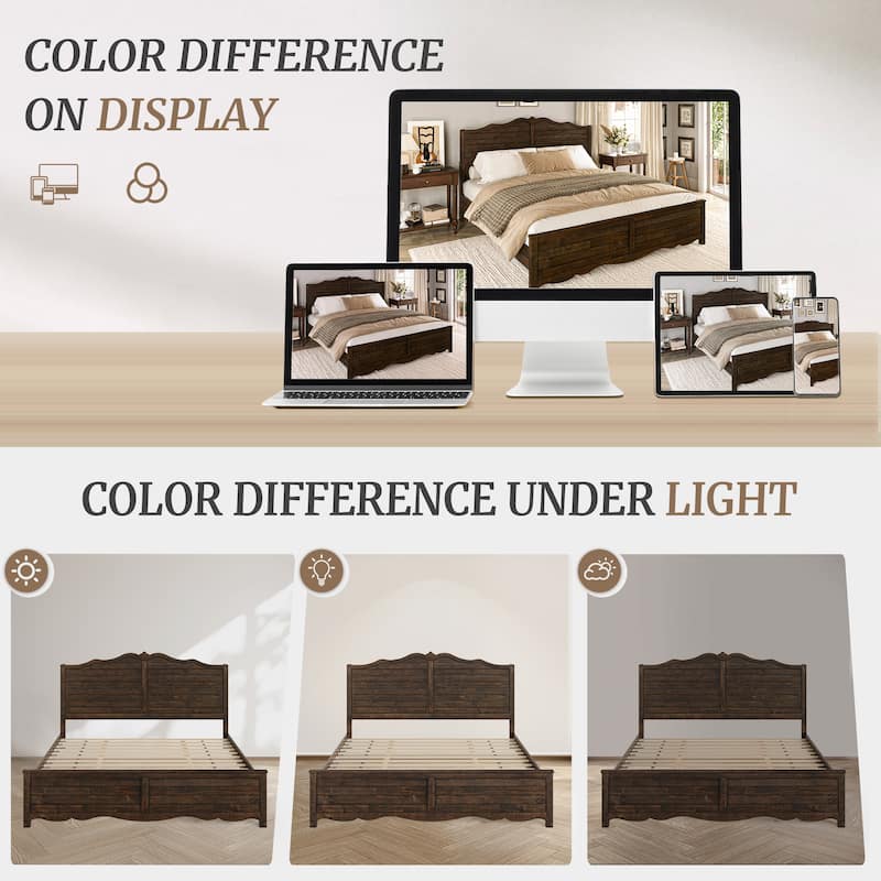 Modern Bed Solid Wood Platform Bed Frame Queen/King Size Bed with Headboard and Wood Slat Support for Bedroom