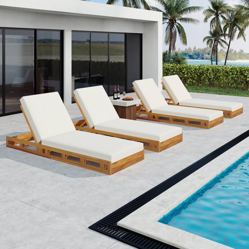 Roomfitters Outdoor Acacia Wood Chaise Lounge with 4 Inch Thick Water-Resistant Cushions Teak Finish