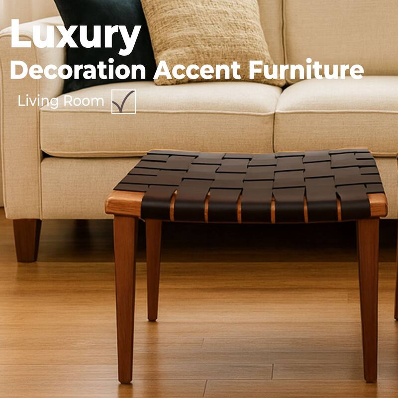 Aria Home Brown Rene Genuine Leather Stool Bench Modern Accent Seat