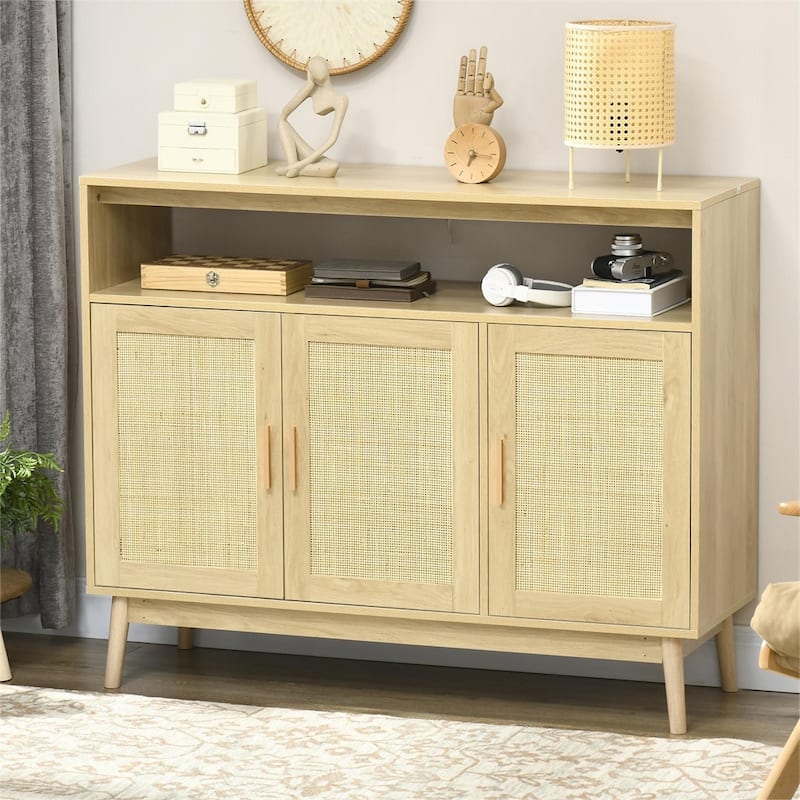Sideboard Buffet Cabinet with Rattan Doors and Adjustable Shelves