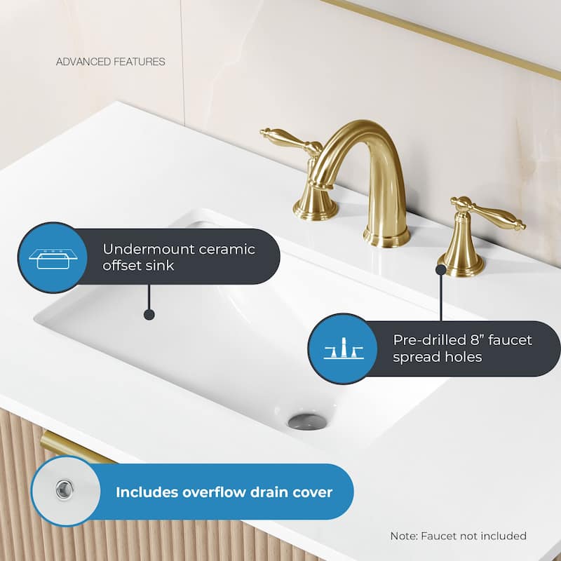 Amara 36 in. Sahara Birch Vanity with White Top and Brushed Gold Hardware