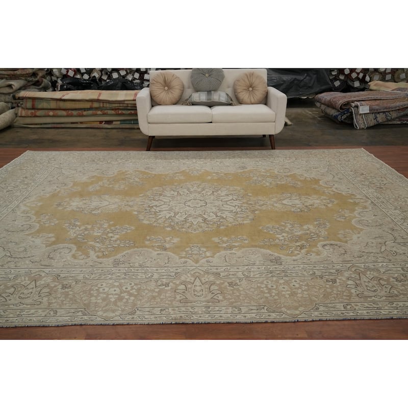 Hand Knotted Oriental 100% Wool Carpet Traditional Floral Yellow & Gold Kerman Area Rug - 12' 9'' X 9' 6''