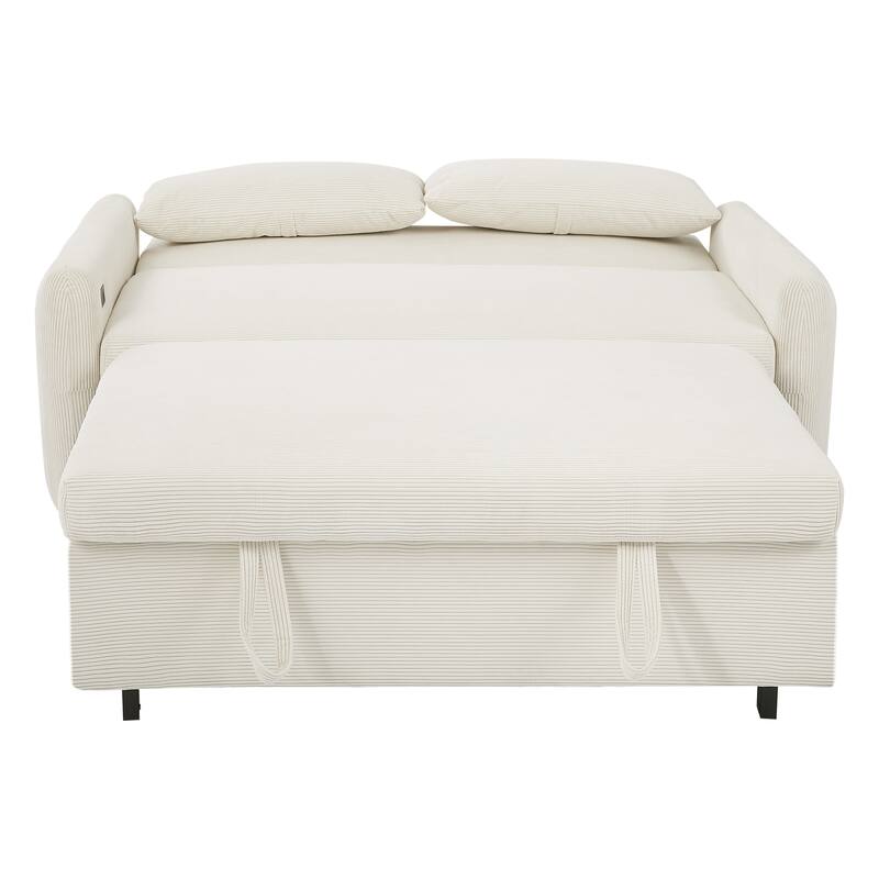 57.48" Corduroy Convertible Sofa Bed with Pull-Out Sleeper, Adjustable Backrest & USB
