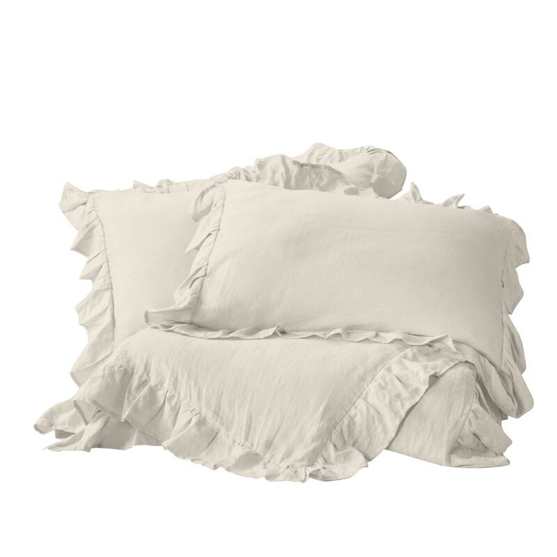 Delara Organic Cotton 300 TC GOTS Certified 8 Internal Ties Ruffled Duvet Set - Ivory - Queen