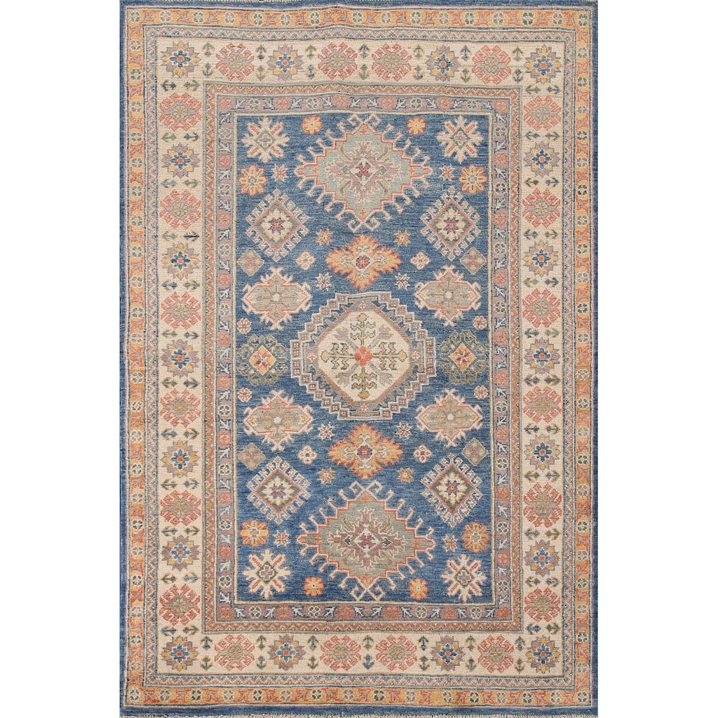 Blue Geometric Kazak Oriental Area Rug Handmade Wool Carpet - 4'0"x 5'10"