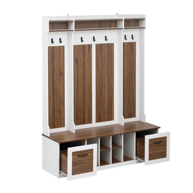 5-in-1 Entryway Bench with Coat Rack, 7 Sturdy Hooks, Adjustable Shelves, Drawers, and Metal Handles