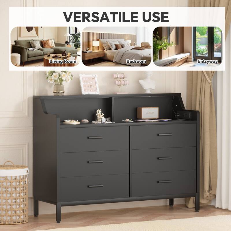 6 Drawers Dresser with Charge Station and LED Light, Closet Organizer for Bedroom