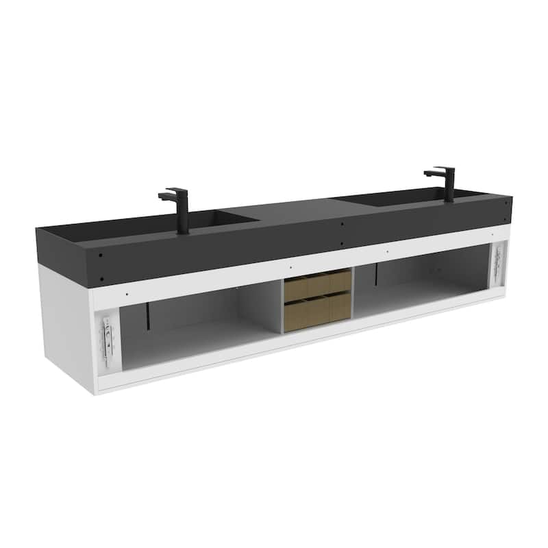 Amazon 84" Wall Mounted Double Bathroom Vanity Set w/ Black Top