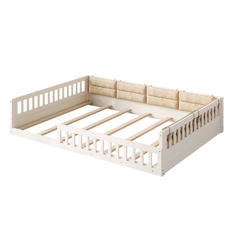 Full Size Upholstered Platform Bed with Guardrail and Pillow, Beige