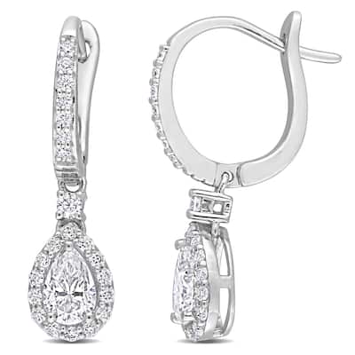 Miadora 1 3/8ct DEW Pear-cut Moissanite Halo Teardrop Dangle Leverback Earrings in Sterling Silver