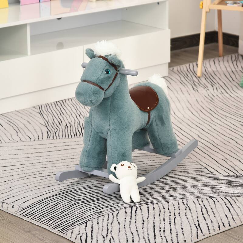 Kids Plush Ride-On Rocking Horse with Bear Toy, Children Chair with Soft Plush Toy & Fun Realistic Sounds, Blue