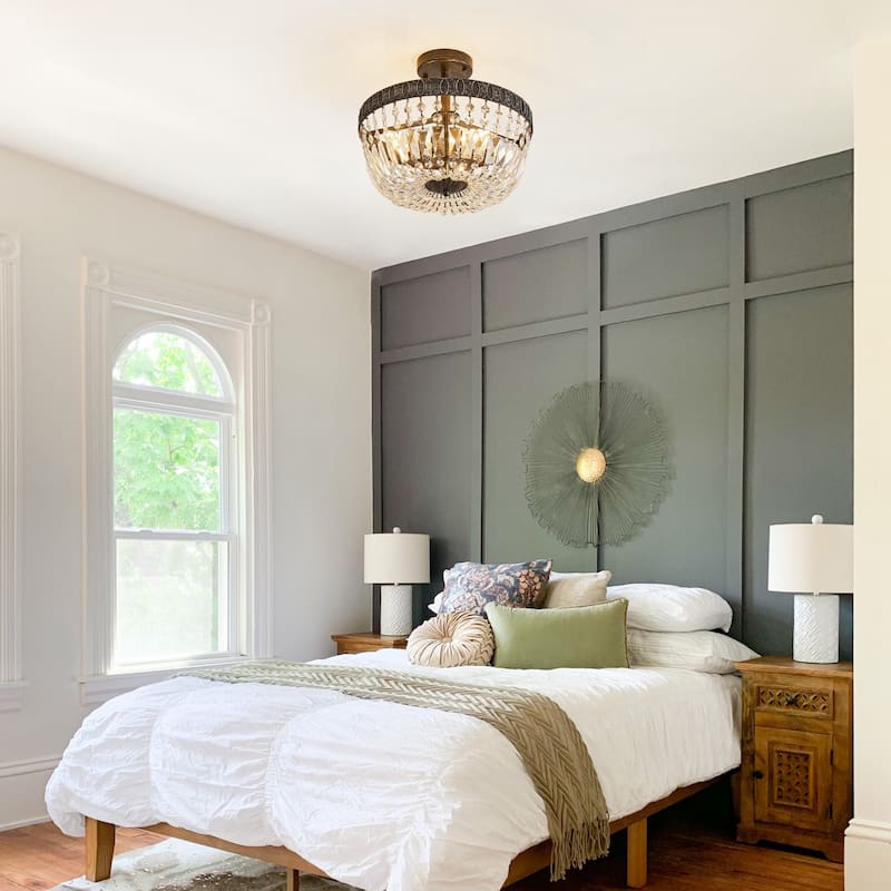 Weathered Black 3-Light Crystal Semi-Flush Mount Ceiling Light with Bowl Shade - 14.2"Wx 12.2"H