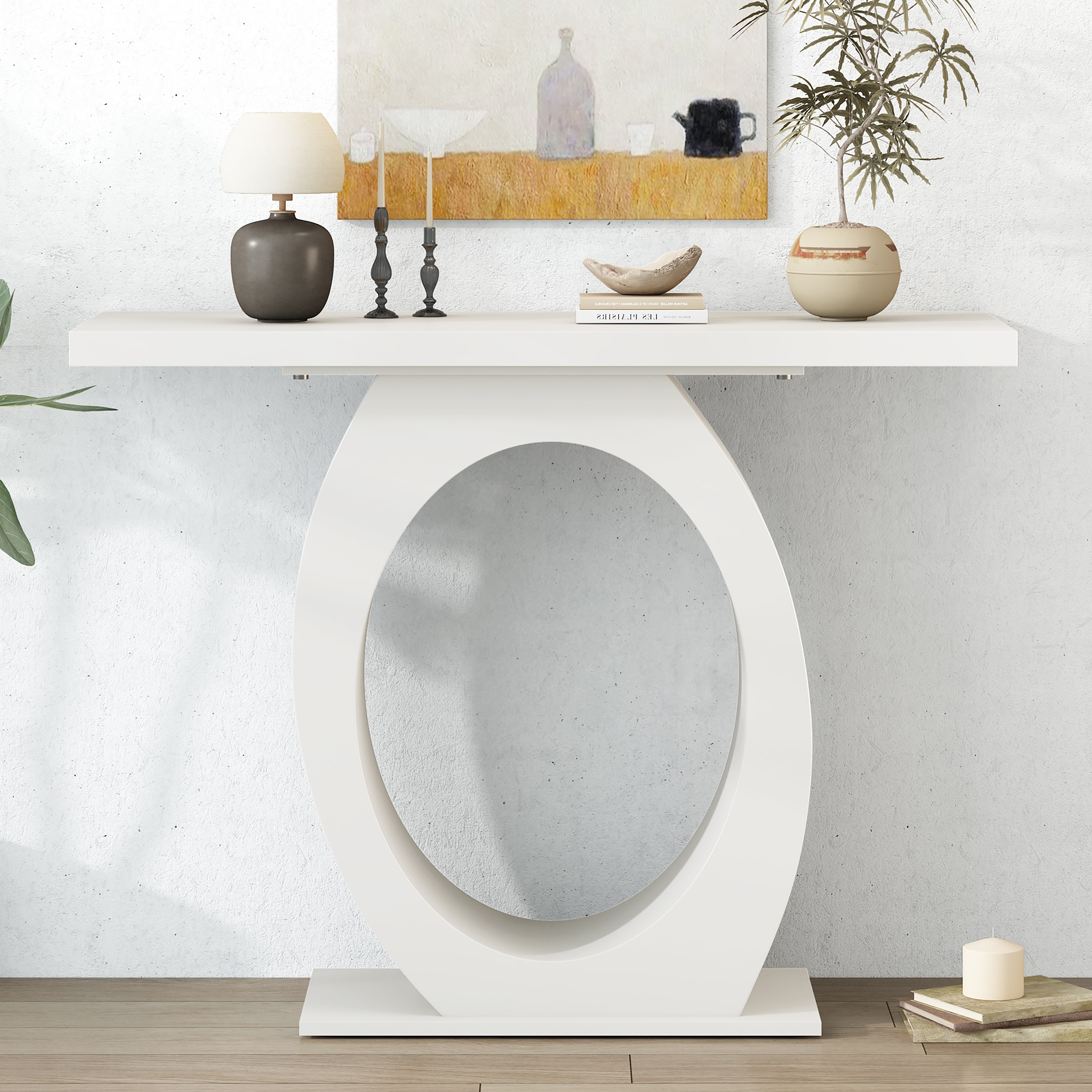 Oval Base Console Table Side Table, Modern Narrow Couch Table Accent Table Entryway Table for Living Room Hallway, Beige