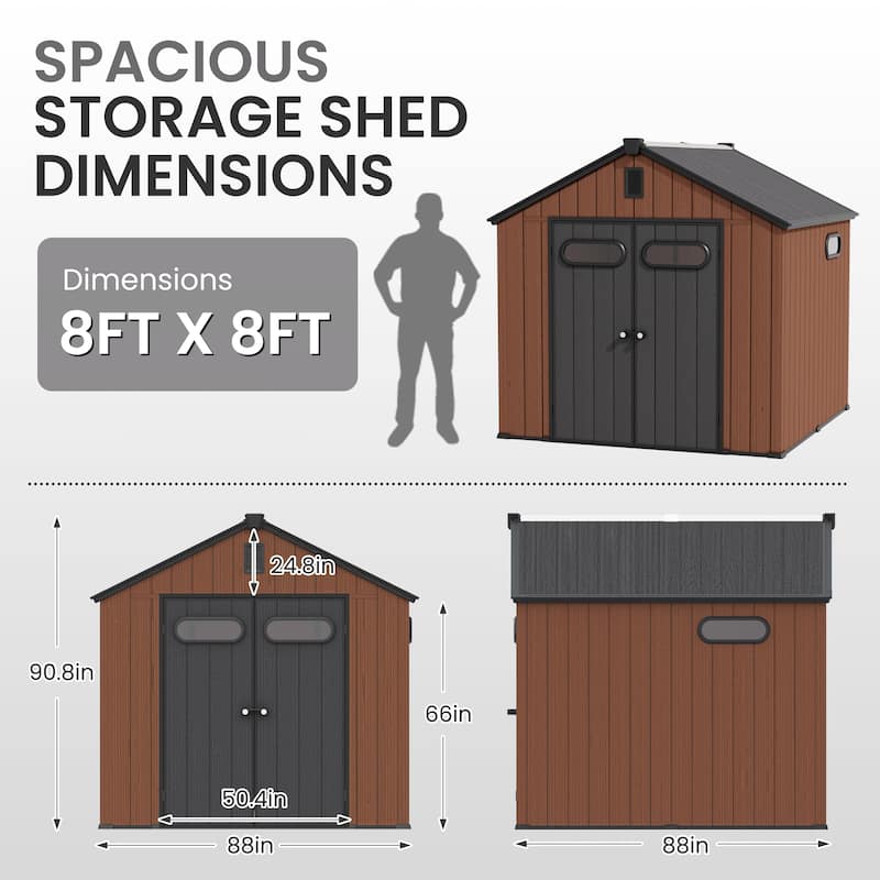8' x 8' / 8' x 10'/ 8' x 12' Outdoor Resin Storage Shed with Lockable Doors and Air Vents for Garden