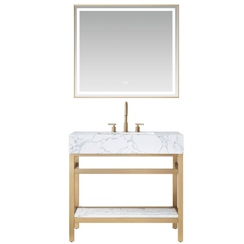 Ecija Bath Vanity, Metal Support with Composite Stone Top and Mirror