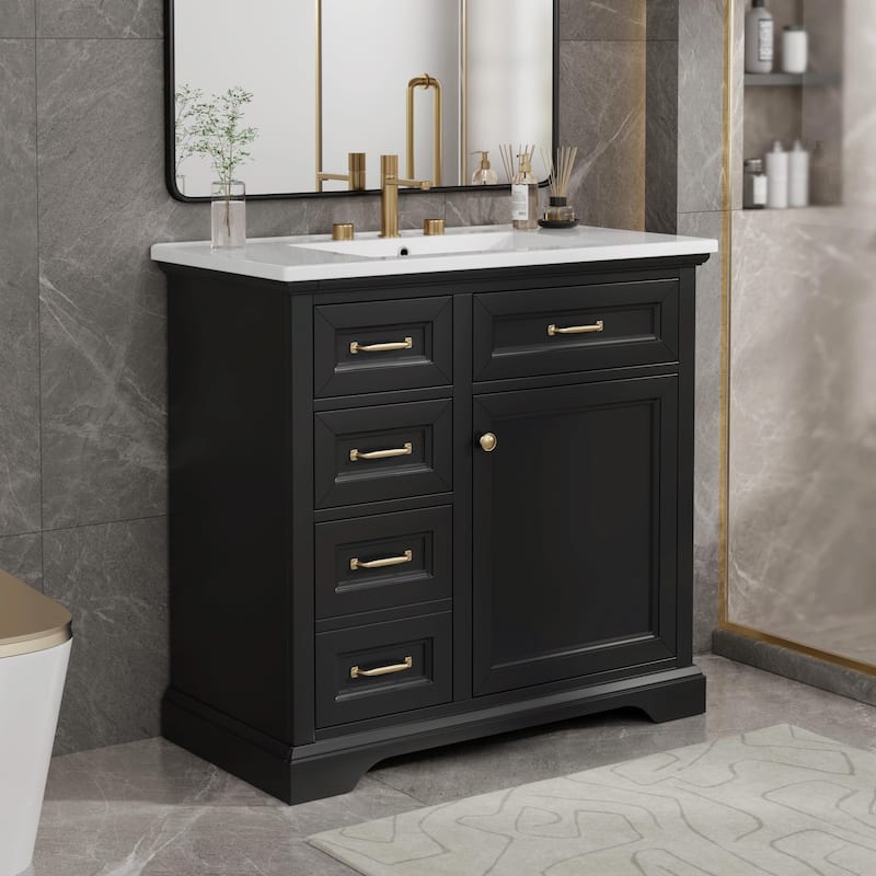 36-Inch Bathroom Vanity with Ceramic Sink Top - 4 Drawers and 1 Soft-Close Door - Black