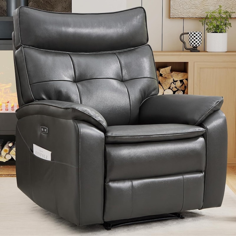 Genuine Leather Recliner Chair,Power Recliner Chair for Adults,Electric Single Reclining Sofa for Living Room - Dark Grey