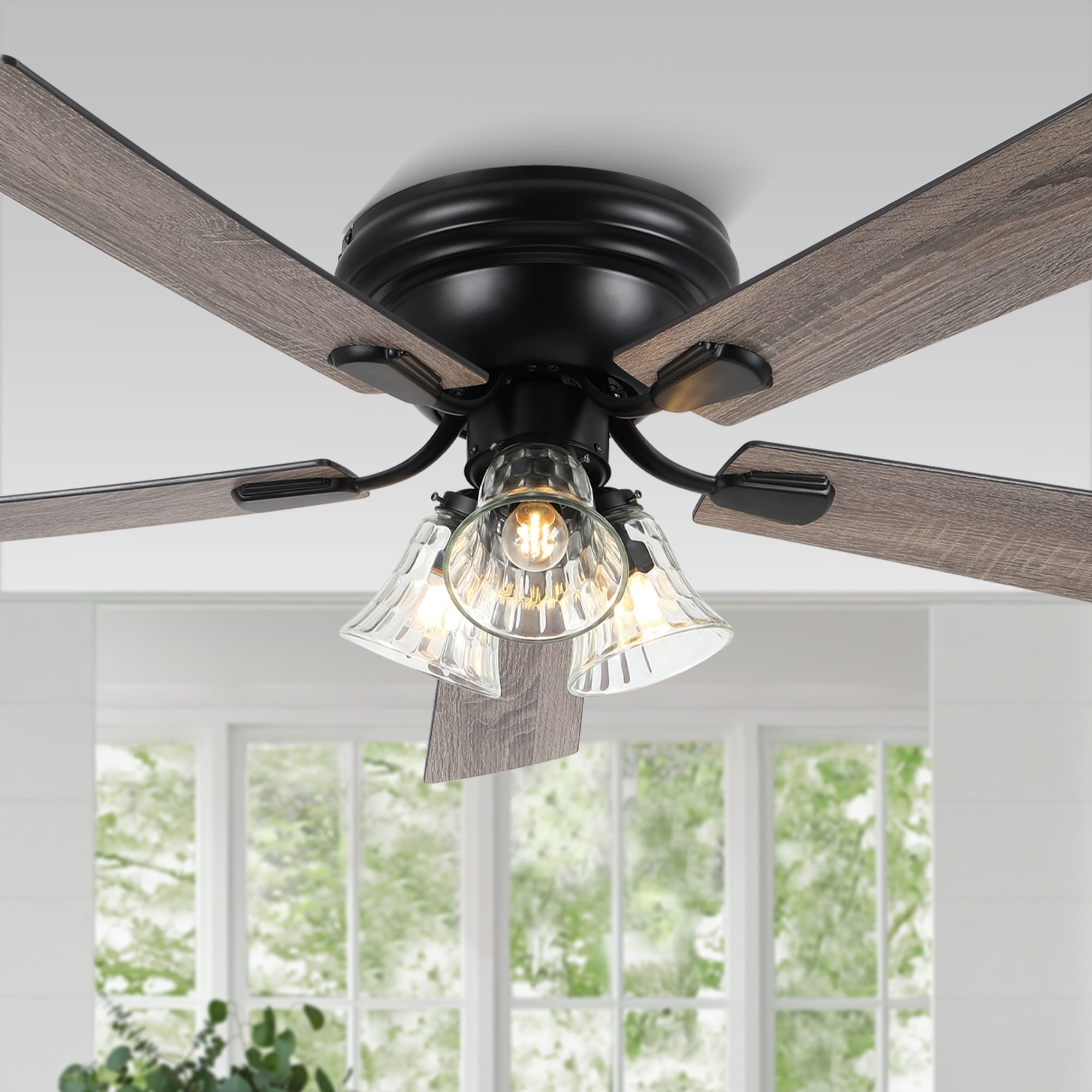 Bella Depot 52"/60" Black Farmhouse Flush Mount Ceiling Fan with Light and Remote 6-Speed Fan for Bedroom Living Room