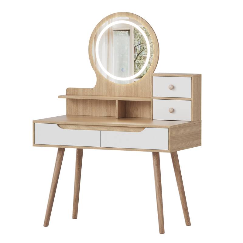 Vanity Desk with Mirror and Lights, Makeup Desk with Solid Wood Table Feet, Dressing Table Set with Drawers and Open Shelves
