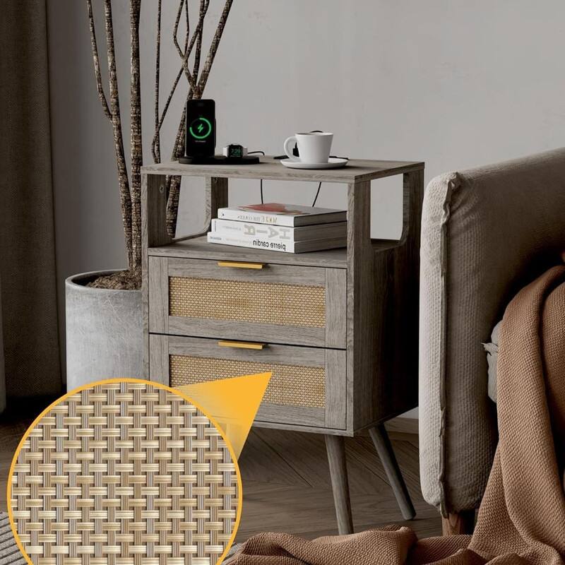 Rattan Nightstand with Chargers, Modern Nightstand with 2 Storage Drawers and Open Wooden Shelf