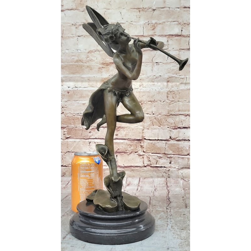 Trumpeting Winged Angel Fairy Garden Statue Bronze Sculpture Signed Art 15 Inches X 10 Inches