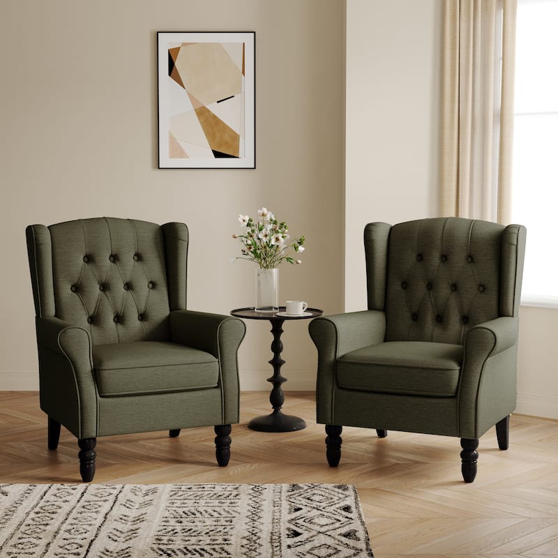 Button-Tufted Accent Club Chair Wingback Armchair Set of 2 - Green