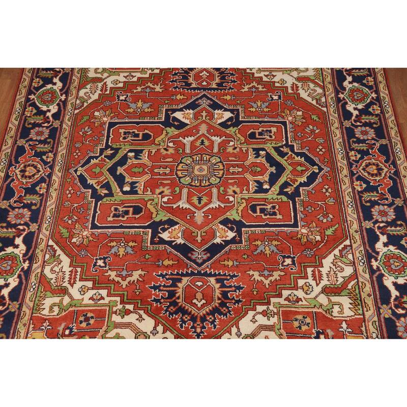 Orange Geometric Heriz Serapi Indian Area Rug Handmade Wool Carpet - 9'2" x 11'10"